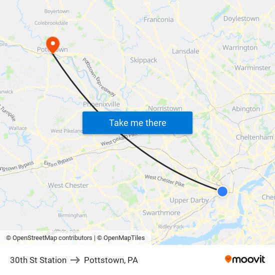 30th St Station to Pottstown, PA map