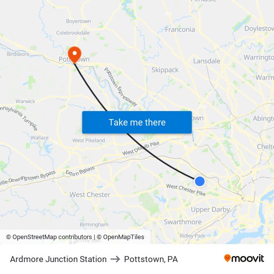 Ardmore Junction Station to Pottstown, PA map