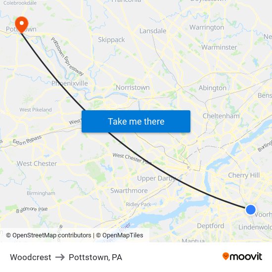 Woodcrest to Pottstown, PA map
