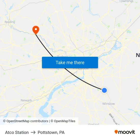 Atco Station to Pottstown, PA map