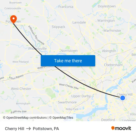 Cherry Hill to Pottstown, PA map