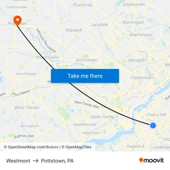 Westmont to Pottstown, PA map