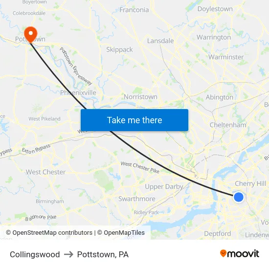 Collingswood to Pottstown, PA map