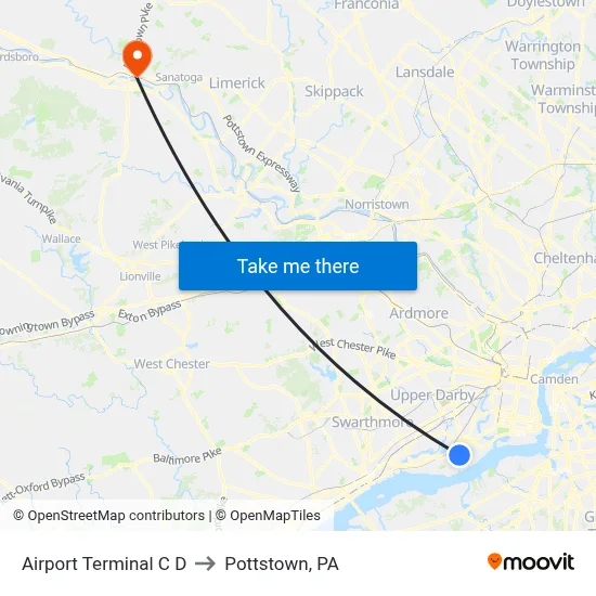 Airport Terminal C D to Pottstown, PA map