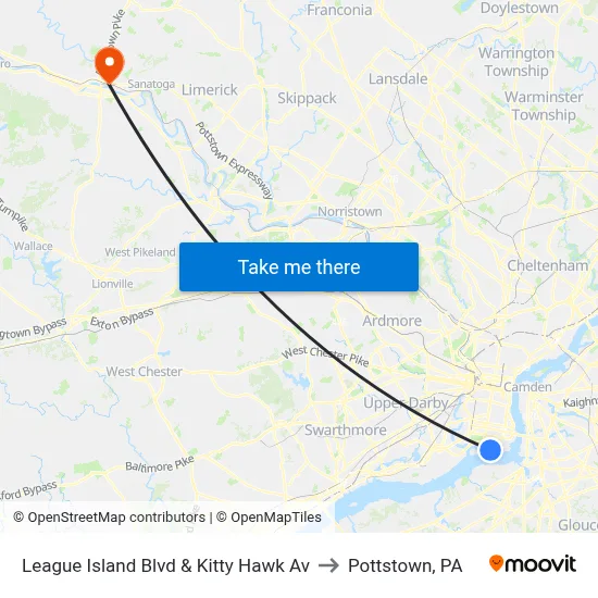 League Island Blvd & Kitty Hawk Av to Pottstown, PA map