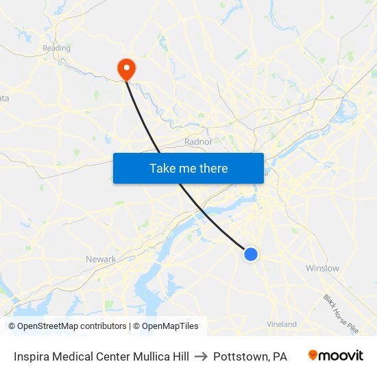 Inspira Medical Center Mullica Hill to Pottstown, PA map
