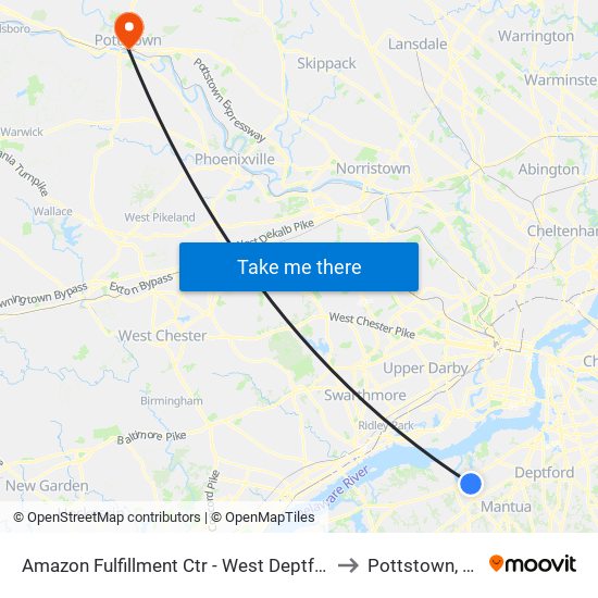 Amazon Fulfillment Ctr - West Deptford to Pottstown, PA map