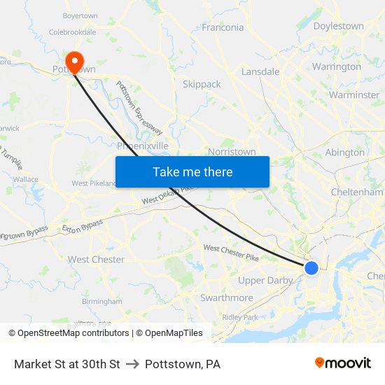 Market St at 30th St to Pottstown, PA map