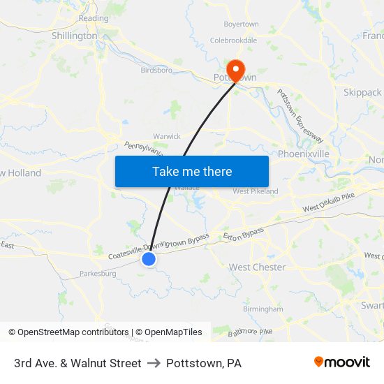 3rd Ave. & Walnut Street to Pottstown, PA map