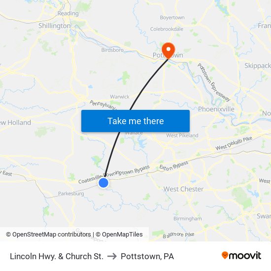 Lincoln Hwy. & Church St. to Pottstown, PA map