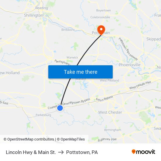 Lincoln Hwy & Main St. to Pottstown, PA map