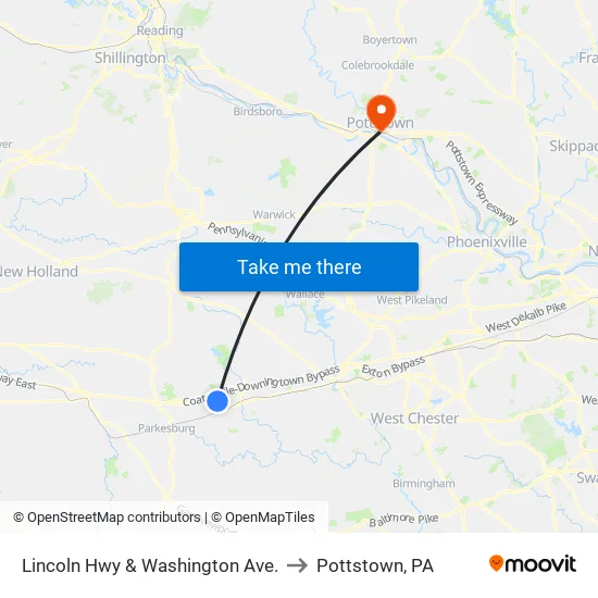 Lincoln Hwy & Washington Ave. to Pottstown, PA map