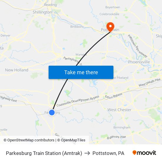 Parkesburg Train Station (Amtrak) to Pottstown, PA map