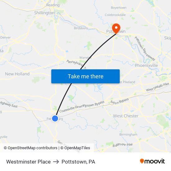 Westminster Place to Pottstown, PA map