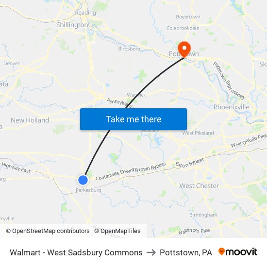 Walmart - West Sadsbury Commons to Pottstown, PA map