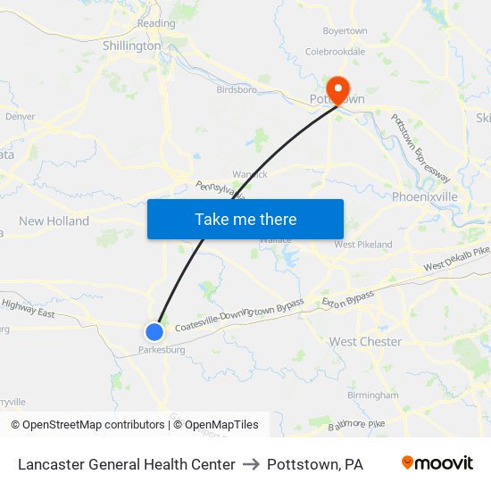 Lancaster General Health Center to Pottstown, PA map