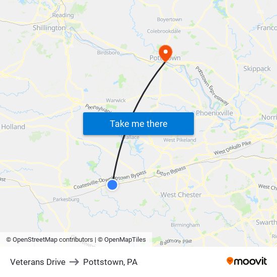 Veterans Drive to Pottstown, PA map
