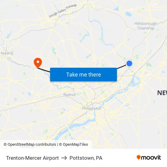 Trenton-Mercer Airport to Pottstown, PA map