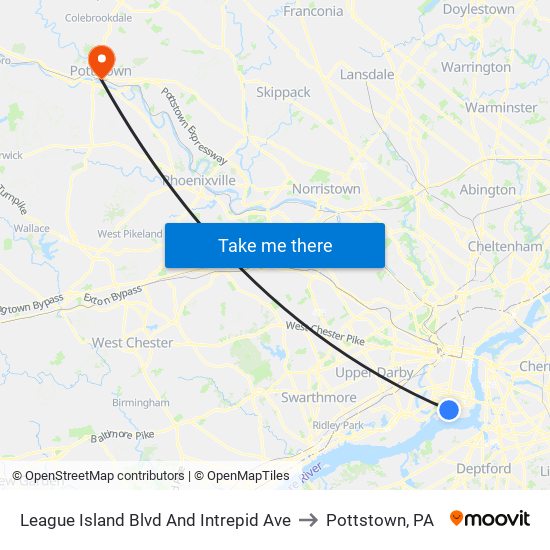League Island Blvd And Intrepid Ave to Pottstown, PA map