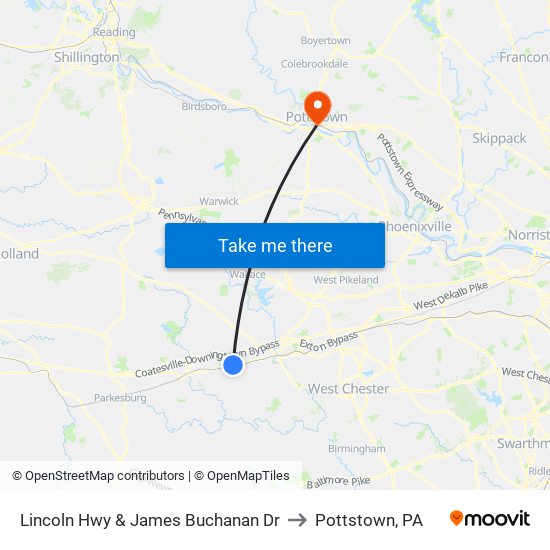 Lincoln Hwy & James Buchanan Dr to Pottstown, PA map