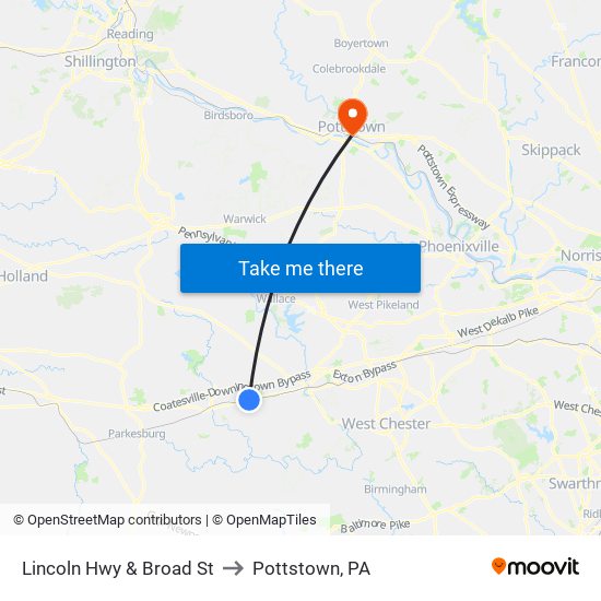 Lincoln Hwy & Broad St to Pottstown, PA map