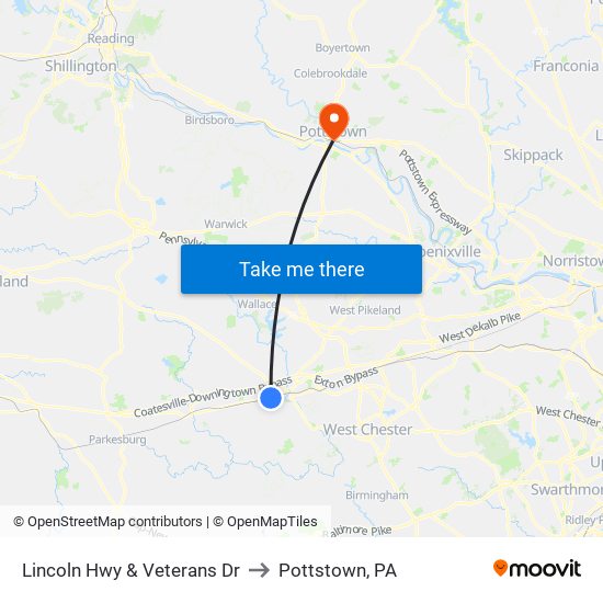 Lincoln Hwy & Veterans Dr to Pottstown, PA map