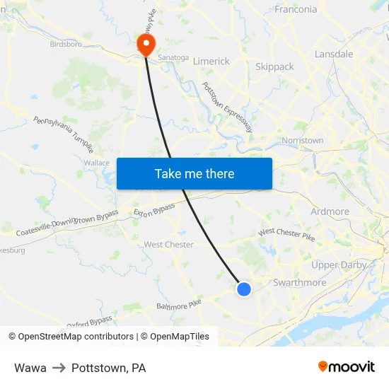 Wawa to Pottstown, PA map