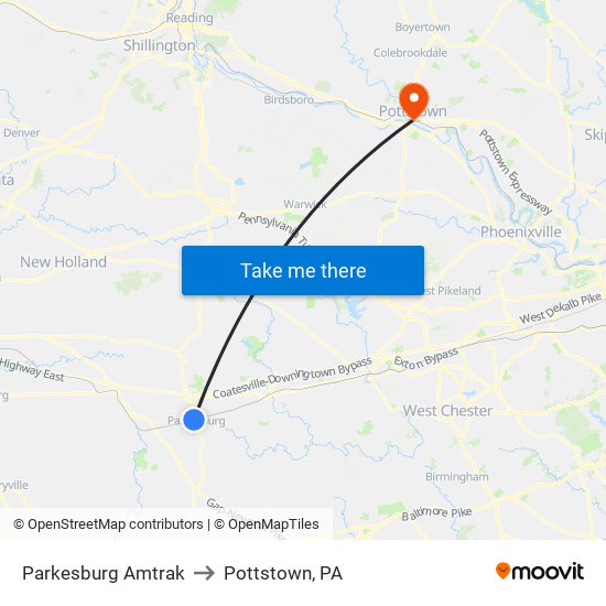 Parkesburg Amtrak to Pottstown, PA map