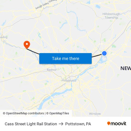 Cass Street Light Rail Station to Pottstown, PA map