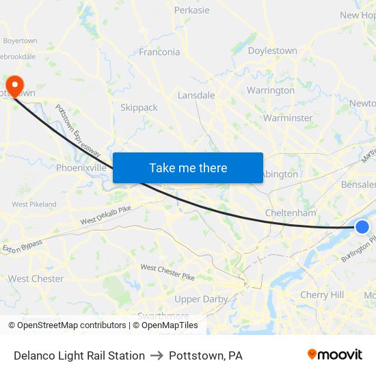 Delanco Light Rail Station to Pottstown, PA map