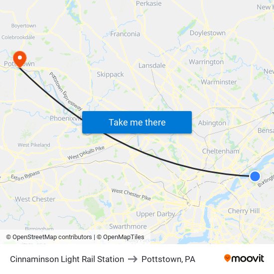 Cinnaminson Light Rail Station to Pottstown, PA map