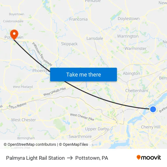 Palmyra Light Rail Station to Pottstown, PA map
