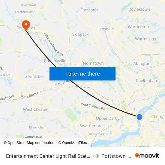 Entertainment Center Light Rail Station to Pottstown, PA map