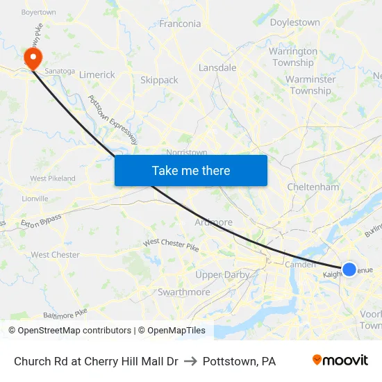 Church Rd at Cherry Hill Mall Dr to Pottstown, PA map