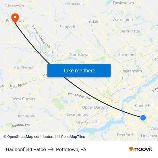 Haddonfield Patco to Pottstown, PA map