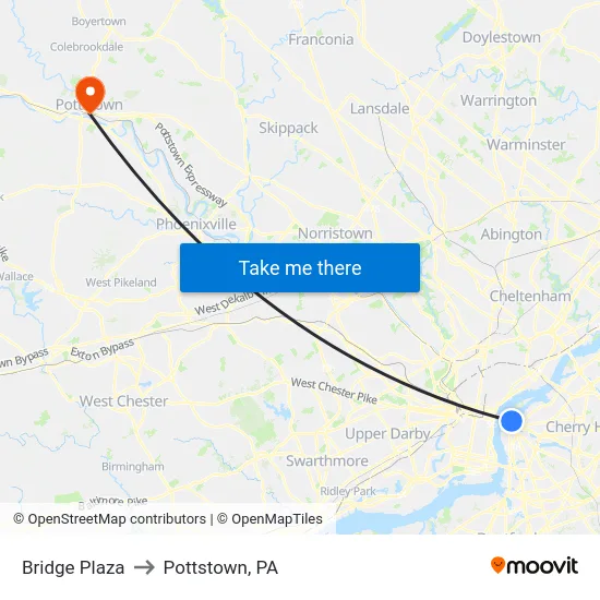 Bridge Plaza to Pottstown, PA map