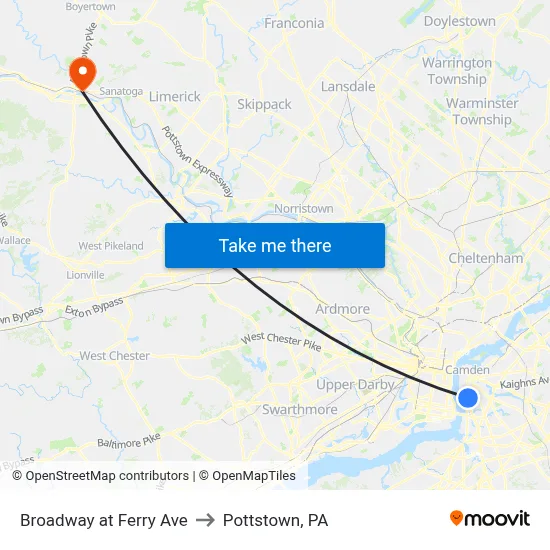 Broadway at Ferry Ave to Pottstown, PA map