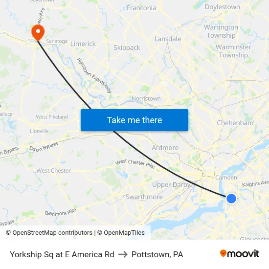 Yorkship Sq at E America Rd to Pottstown, PA map