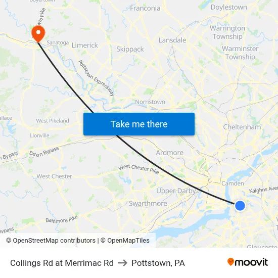 Collings Rd at Merrimac Rd to Pottstown, PA map