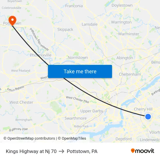 Kings Highway at Nj 70 to Pottstown, PA map