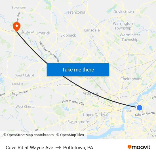 Cove Rd at Wayne Ave to Pottstown, PA map