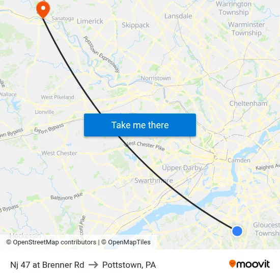 Nj 47 at Brenner Rd to Pottstown, PA map