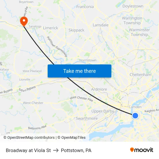 Broadway at Viola St to Pottstown, PA map