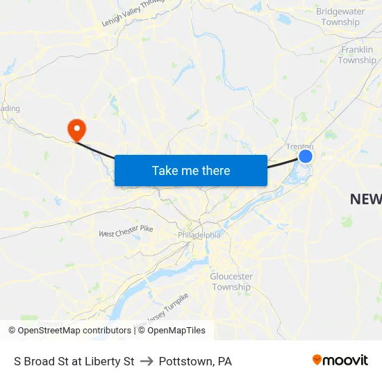 S Broad St at Liberty St to Pottstown, PA map