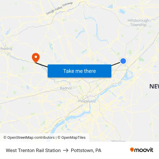 West Trenton Rail Station to Pottstown, PA map
