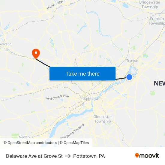 Delaware Ave at Grove St to Pottstown, PA map