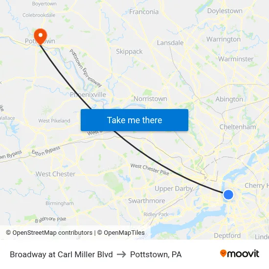 Broadway at Carl Miller Blvd to Pottstown, PA map