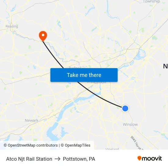 Atco Njt Rail Station to Pottstown, PA map
