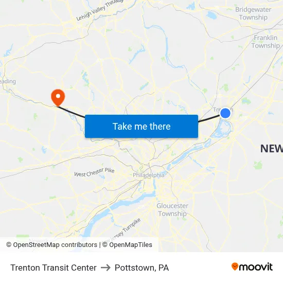 Trenton Transit Center to Pottstown, PA map
