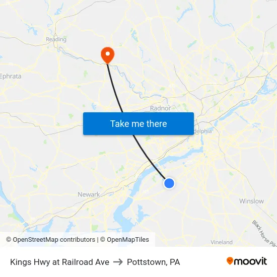 Kings Hwy at Railroad Ave to Pottstown, PA map